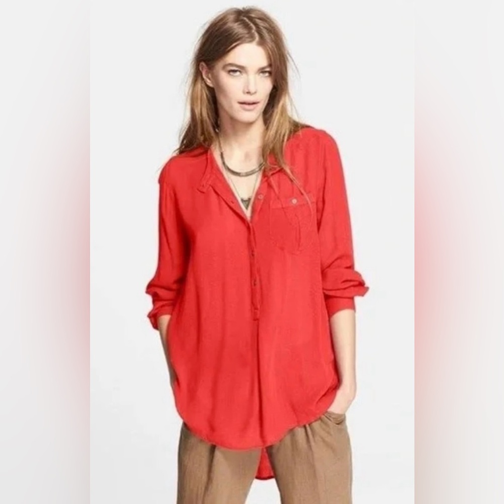 Free People Half Button Down Deep V The Boyfriend Long Sleeve Tunic Top in Red